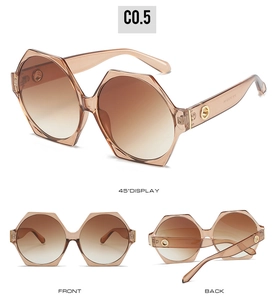 Three views of oversized geometric sunglasses with tea-colored frames and metal accents