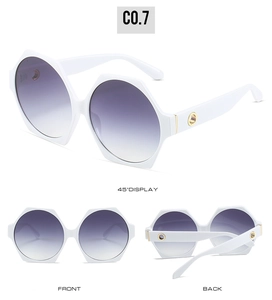Detailed views of white hexagonal oversized sunglasses with gradient purple lenses