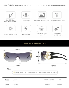 Technical dimensions and UV400 features of purple gradient rimless Y2K sunglasses