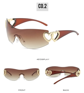 Brown gradient heart-shaped rimless sunglasses with gold double-heart metal detail