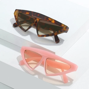 Modern triangle cat eye sunglasses in tortoiseshell and translucent pink on geometric props