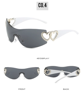 Three-view display of Y2K one-piece heart detail sunglasses with grey lenses and white temples