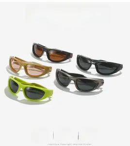 Detailed display of streamlined polarized sports sunglasses in five assorted stylish colors