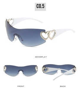 Detailed views of gradient blue-purple Y2K sunglasses with white temples and metal hearts