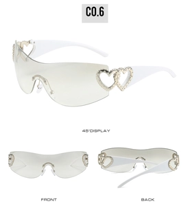 Multiple views of Y2K wraparound sunglasses with heart metal hinges and white frames