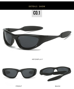 Three-angle view of black wrap-around polarized sports sunglasses with dark grey lenses