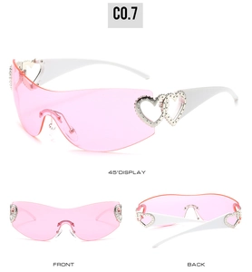Multi-angle view of pink Y2K rimless sunglasses featuring heart metal temple details