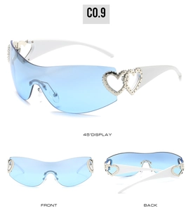 Y2K style wraparound sunglasses with light blue lenses and silver heart details