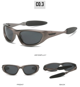 Three views of gunmetal gray polarized sports sunglasses with non-slip temple pads