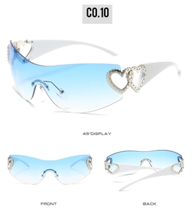 Multiple views of Y2K heart sunglasses with gradient blue lenses and white temples