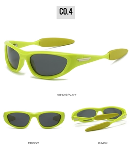 Polarized sports sunglasses in neon green cat-eye frame with multi-angle views and metal details