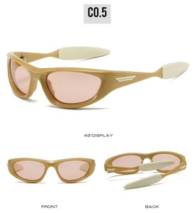 Detail view of khaki sports sunglasses with peach lenses and silver wing temple accents