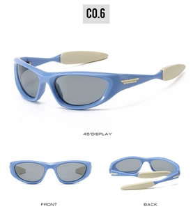 Polarized sports sunglasses featuring light blue frames and golden wing accents on temples