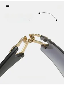 Close-up of durable engraved golden metal hinge on oversized Y2K gradient sunglasses