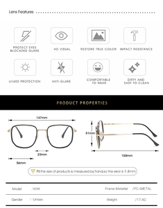 Detailed size chart and specifications for oversized square blue light blocking glasses