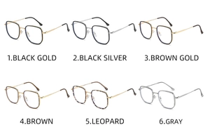 Collection of six square frame eyeglasses in various colors like black, brown, and leopard print