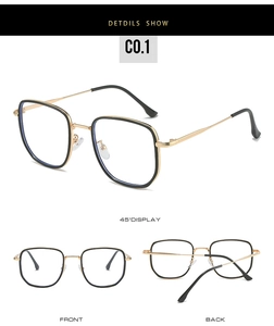 Three-way view of retro large square gold-rimmed glasses with black frame and metal legs