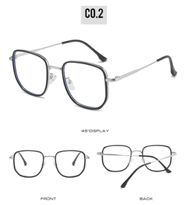 Three-angle view of oversized square black and silver metal frame glasses with nose pads