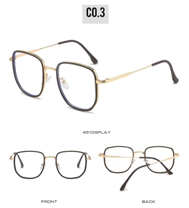 Detailed multi-angle views of square gold metal frame glasses with dark rim accents