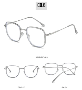 Detail view of silver square metal frame glasses from front, back, and 45-degree angles