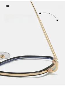 Detail of durable gold metal hinge on black square glasses frame with anti-blue light lens