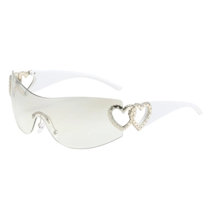 Y2K oversized wrap sunglasses with silver double heart detail and white frames