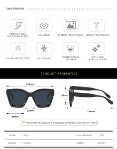 Detailed size chart for square frame sunglasses with UV400 and PC frame specifications