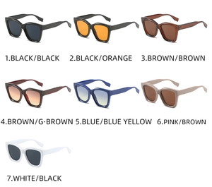 Collection of square frame sunglasses showing seven diverse color options on white background