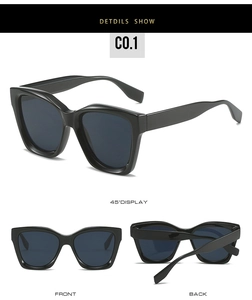 Detailed views of square frame sunglasses with thick black frames and dark grey lenses