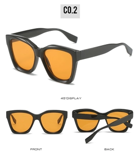 Detailed views of square frame sunglasses with black frames and orange tinted lenses