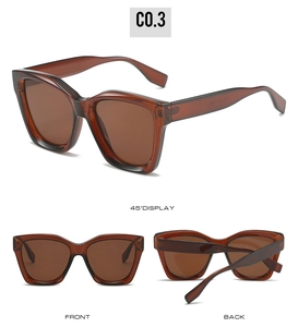Three-view display of retro translucent amber square sunglasses showing front and side details