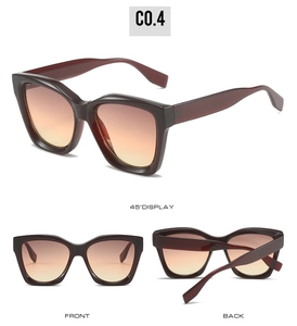 Detailed views of wine red square sunglasses with gradient lenses in front and back angles