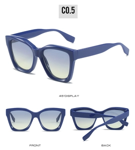 Three perspectives of navy blue square sunglasses with blue and yellow gradient lenses