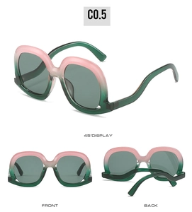 Vues détaillées de lunettes de soleil dégradées avec montures rose-vert et branches ondulées