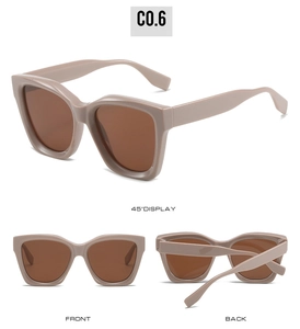 Detail views showing latte square cat-eye sunglasses from front, back, and 45-degree angles