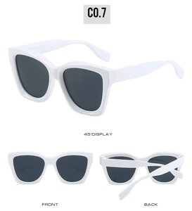 Three-way view of white oversized square sunglasses with dark lenses and 45 degree angle
