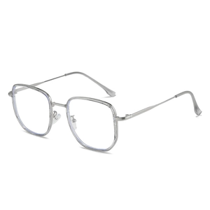 Square silver metal frame oversized eyeglasses with anti-blue light clear lenses for women