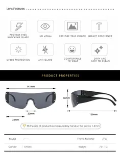 Detailed sizing chart and specifications for Y2K wraparound sports sunglasses