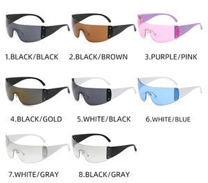 Collection of oversized Y2K wrap around sunglasses in eight vibrant color options