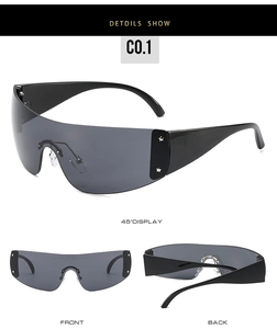 Three perspectives of Y2K wraparound sunglasses with silver star rivets on the frame