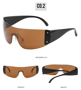 Three-sided view of Y2K wraparound sunglasses with star rivets and brown tinted lenses