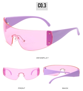 Detail view of pink Y2K visor sunglasses with star studs and purple temples from multiple angles