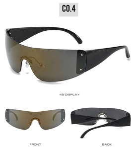 Detailed views of Y2K wraparound sunglasses with gradient tea lenses and star rivets