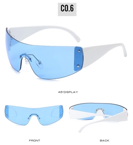 Blue wraparound Y2K sunglasses with white frame and star rivets in front and back views
