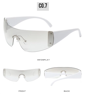 Three-angle view of white frame shield sunglasses with star detail and gray gradient lens