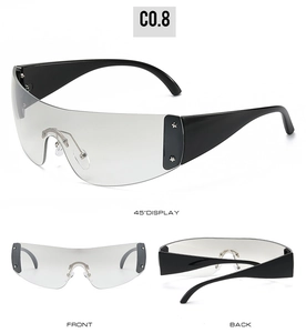 Three perspectives of Y2K wraparound sunglasses with black frame and silver star detail