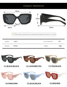 Detailed size chart and multi-color options for square frame fashion sunglasses