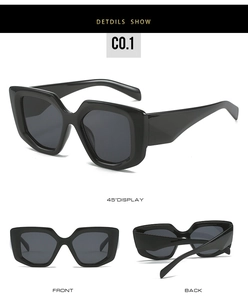 Detailed multi-angle views of square thick frame sunglasses in modern retro black style