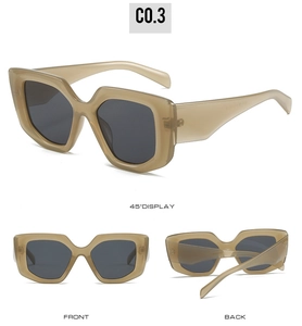 Three-angle view of vintage square sunglasses in translucent amber with dark lenses