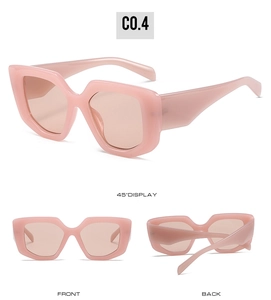 Three-way view of pink square oversized sunglasses showing front side and back details